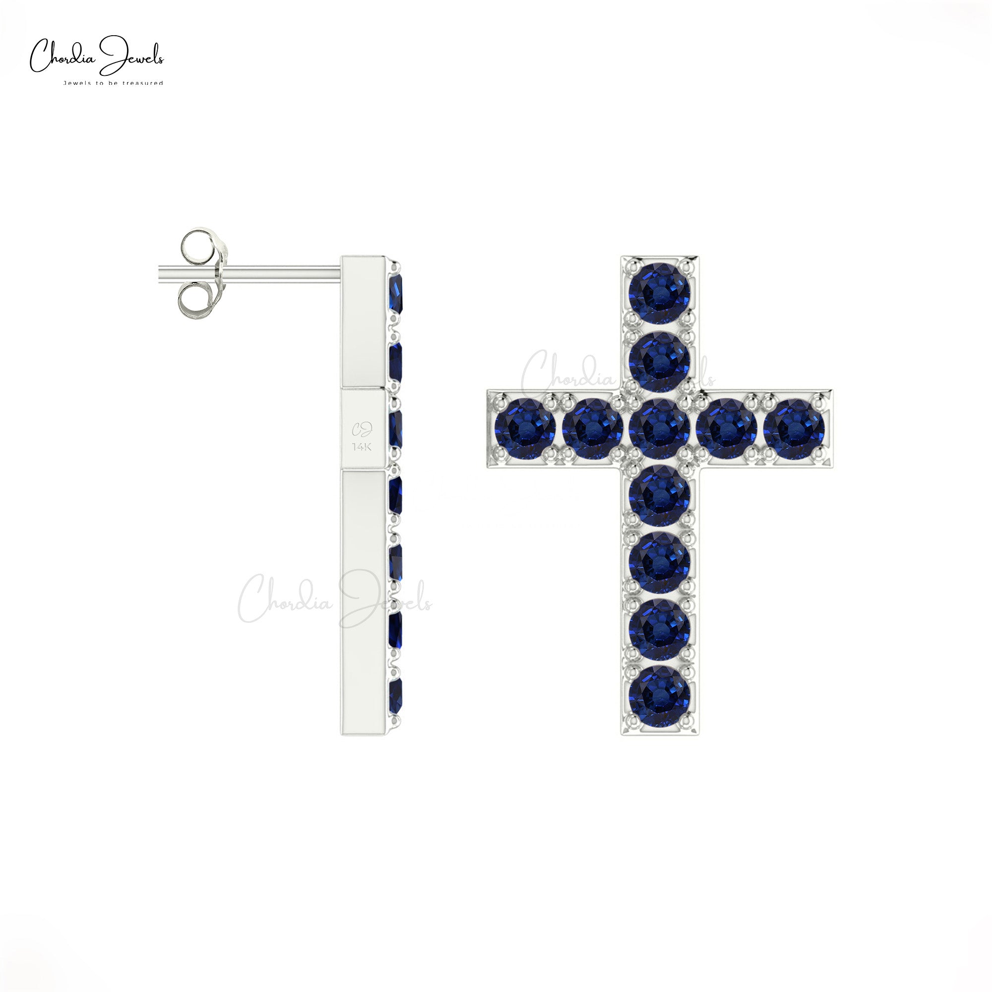 Cross Gemstone Studs In 14k Solid Gold Blue Sapphire Religious Stud Earrings For Her