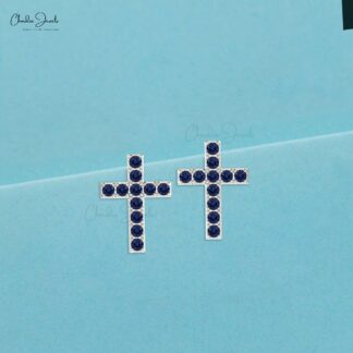 Cross Gemstone Studs In 14k Solid Gold Blue Sapphire Religious Stud Earrings For Her