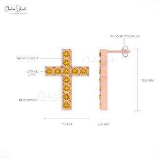 Round Gemstone Cross Earring With 2mm Citrine November Birthstone Studs In 14k Solid Gold