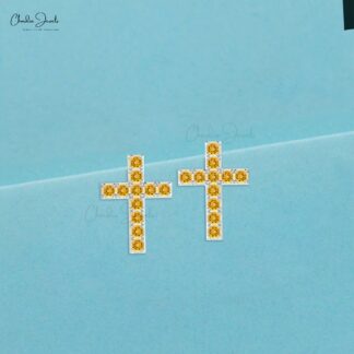 Round Gemstone Cross Earring With 2mm Citrine November Birthstone Studs In 14k Solid Gold