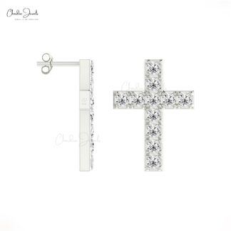 Small Diamond Cross Stud In 14k Solid Gold White Diamond Religious Push Back Earrings