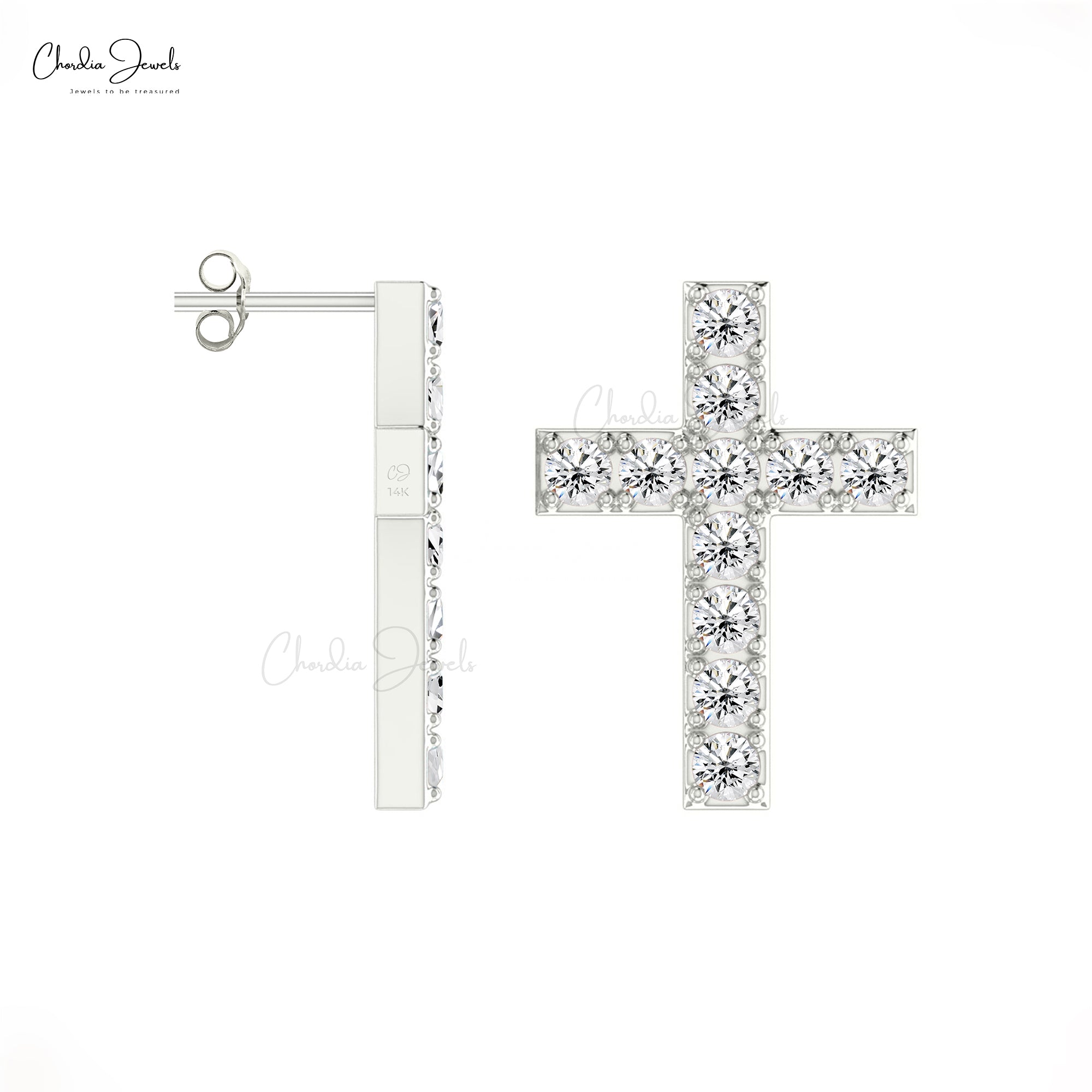 Small Diamond Cross Stud In 14k Solid Gold White Diamond Religious Push Back Earrings