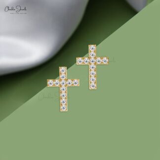 Small Diamond Cross Stud In 14k Solid Gold White Diamond Religious Push Back Earrings