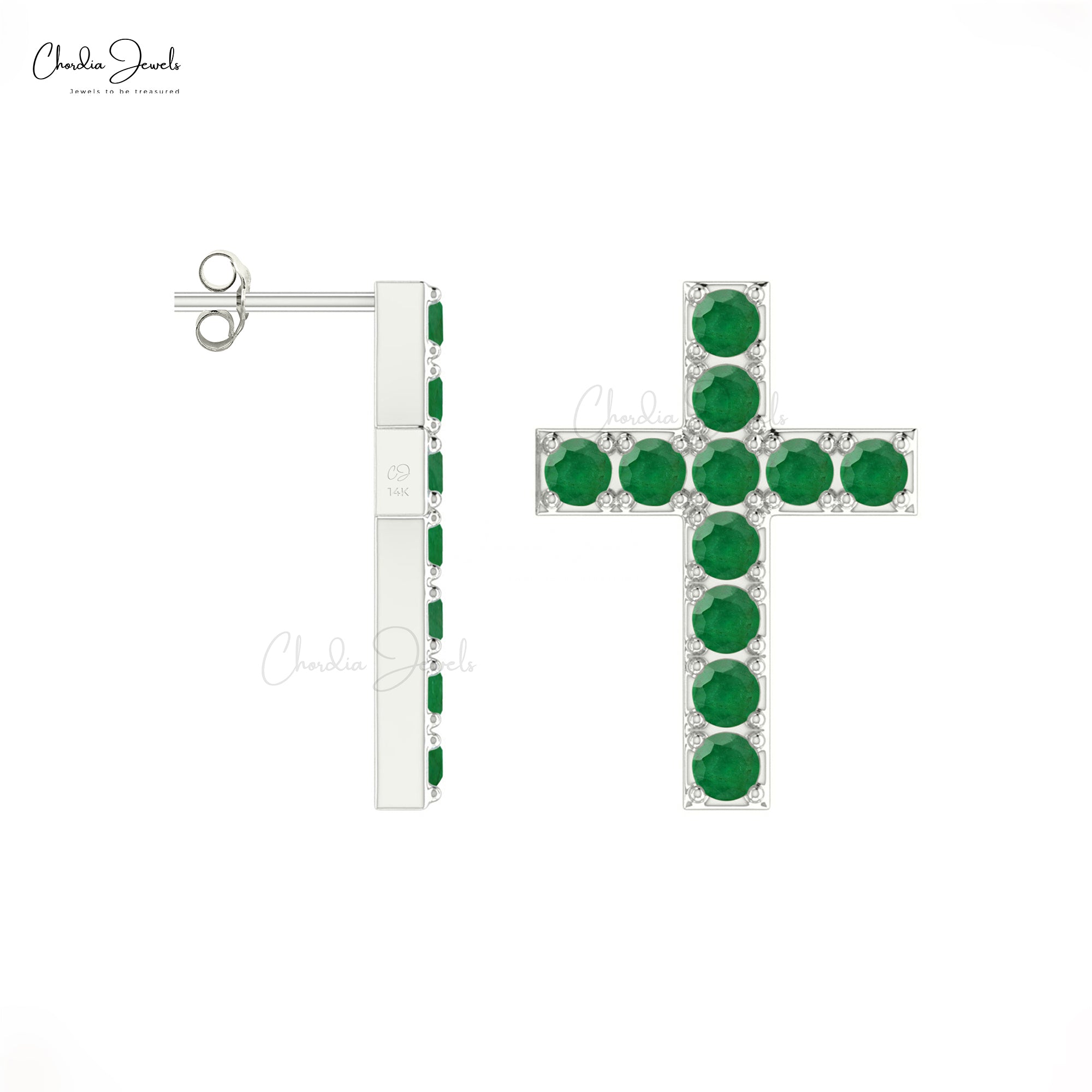 Real Emerald Cross Stud Earrings 14k Solid Gold Dainty Religious Studs