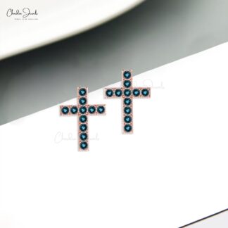 Jesus Pave Set Earrings With 1.10 Ct London Blue Topaz 14k Solid Gold Cross Studs For Her