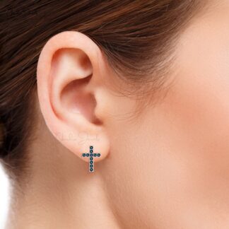 Jesus Pave Set Earrings With 1.10 Ct London Blue Topaz 14k Solid Gold Cross Studs For Her
