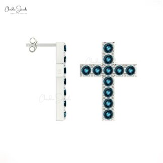 Jesus Pave Set Earrings With 1.10 Ct London Blue Topaz 14k Solid Gold Cross Studs For Her