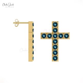 Jesus Pave Set Earrings With 1.10 Ct London Blue Topaz 14k Solid Gold Cross Studs For Her