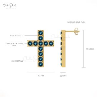 Jesus Pave Set Earrings With 1.10 Ct London Blue Topaz 14k Solid Gold Cross Studs For Her