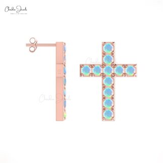 Pure 14k Gold Religious Earrings With 1.10 Ct Fire Opal Gemstone Handmade Baptism Studs