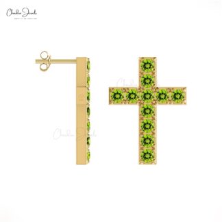 Natural Peridot Cross Earrings With 2mm Gemstone Pave Set In 14k Gold Fine Jewelry