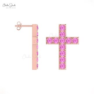 Cross Round Cut Earring With 2mm Pink Sapphire Pave Set In 14k Solid Gold Studs