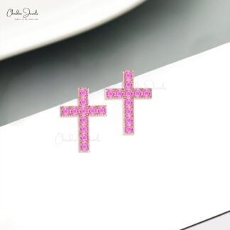 Cross Round Cut Earring With 2mm Pink Sapphire Pave Set In 14k Solid Gold Studs