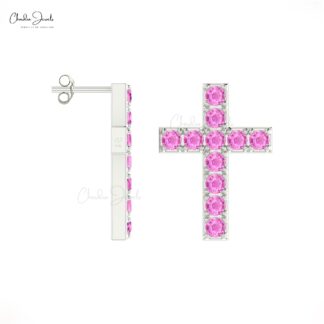 Cross Round Cut Earring With 2mm Pink Sapphire Pave Set In 14k Solid Gold Studs