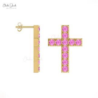 Cross Round Cut Earring With 2mm Pink Sapphire Pave Set In 14k Solid Gold Studs