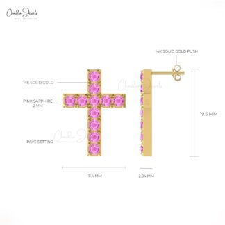 Cross Round Cut Earring With 2mm Pink Sapphire Pave Set In 14k Solid Gold Studs