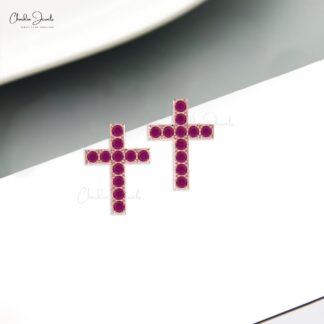 Brilliant Cut Jesus Earrings With 2mm Burma Ruby Pave Set In 14k Real Gold Cross Studs
