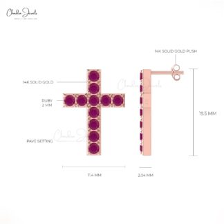 Brilliant Cut Jesus Earrings With 2mm Burma Ruby Pave Set In 14k Real Gold Cross Studs