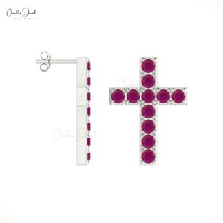 Brilliant Cut Jesus Earrings With 2mm Burma Ruby Pave Set In 14k Real Gold Cross Studs