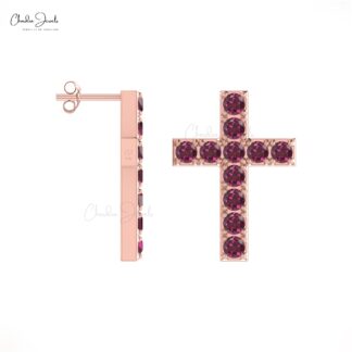 Round Cut Cross Earrings With 1.10 Ct Rhodolite Garnet Pave Set In 14k Real Gold Studs