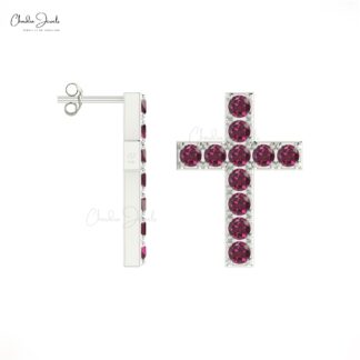 Round Cut Cross Earrings With 1.10 Ct Rhodolite Garnet Pave Set In 14k Real Gold Studs