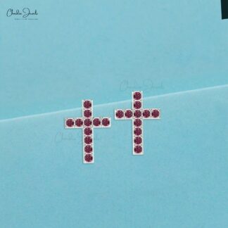 Round Cut Cross Earrings With 1.10 Ct Rhodolite Garnet Pave Set In 14k Real Gold Studs