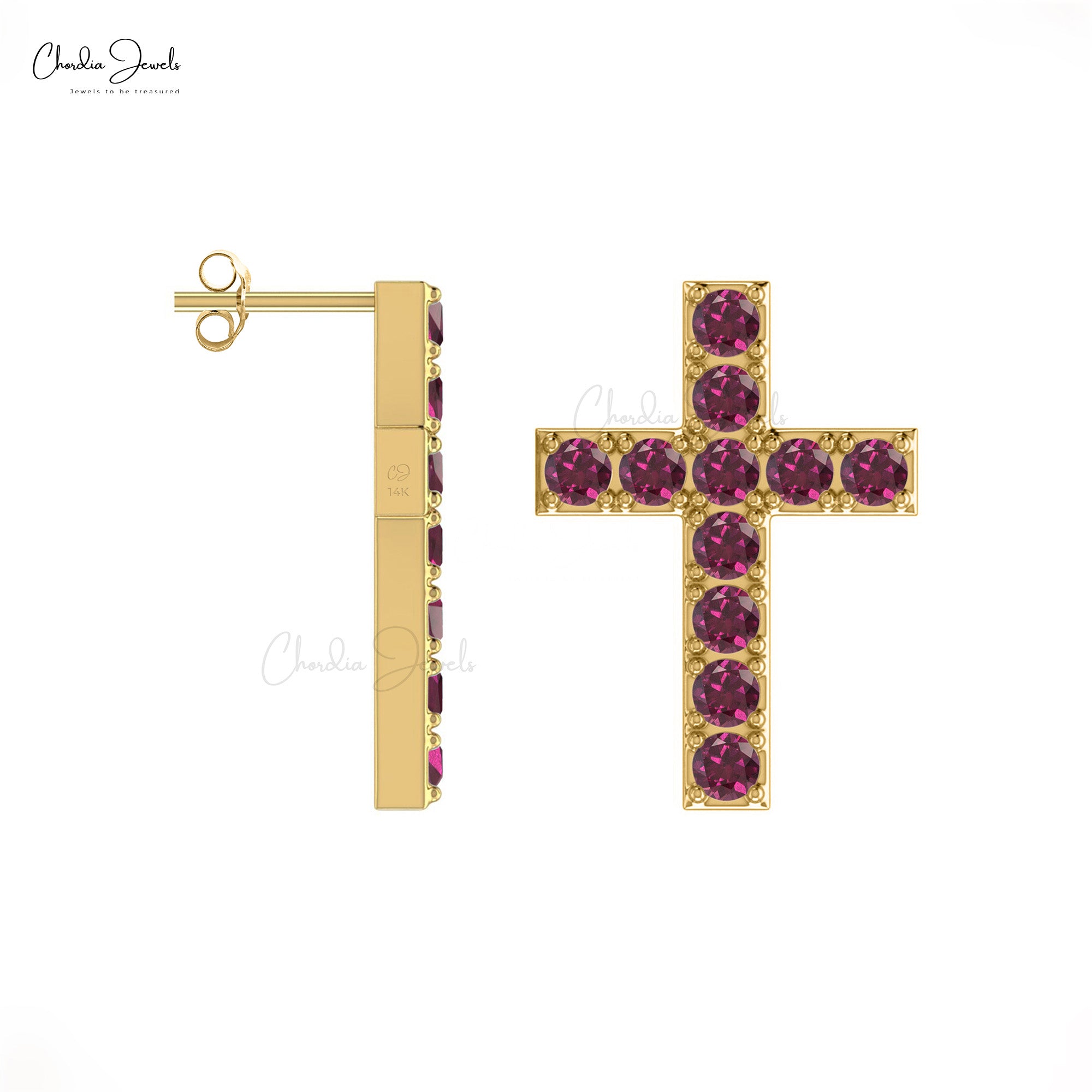 Round Cut Cross Earrings With 1.10 Ct Rhodolite Garnet Pave Set In 14k Real Gold Studs