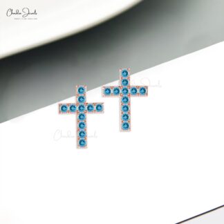Religious Push Back Studs In Solid 14k Gold Swiss Blue Topaz Cross Women Earrings