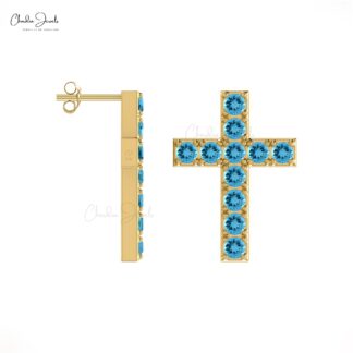 Religious Push Back Studs In Solid 14k Gold Swiss Blue Topaz Cross Women Earrings