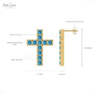 Religious Push Back Studs In Solid 14k Gold Swiss Blue Topaz Cross Women Earrings