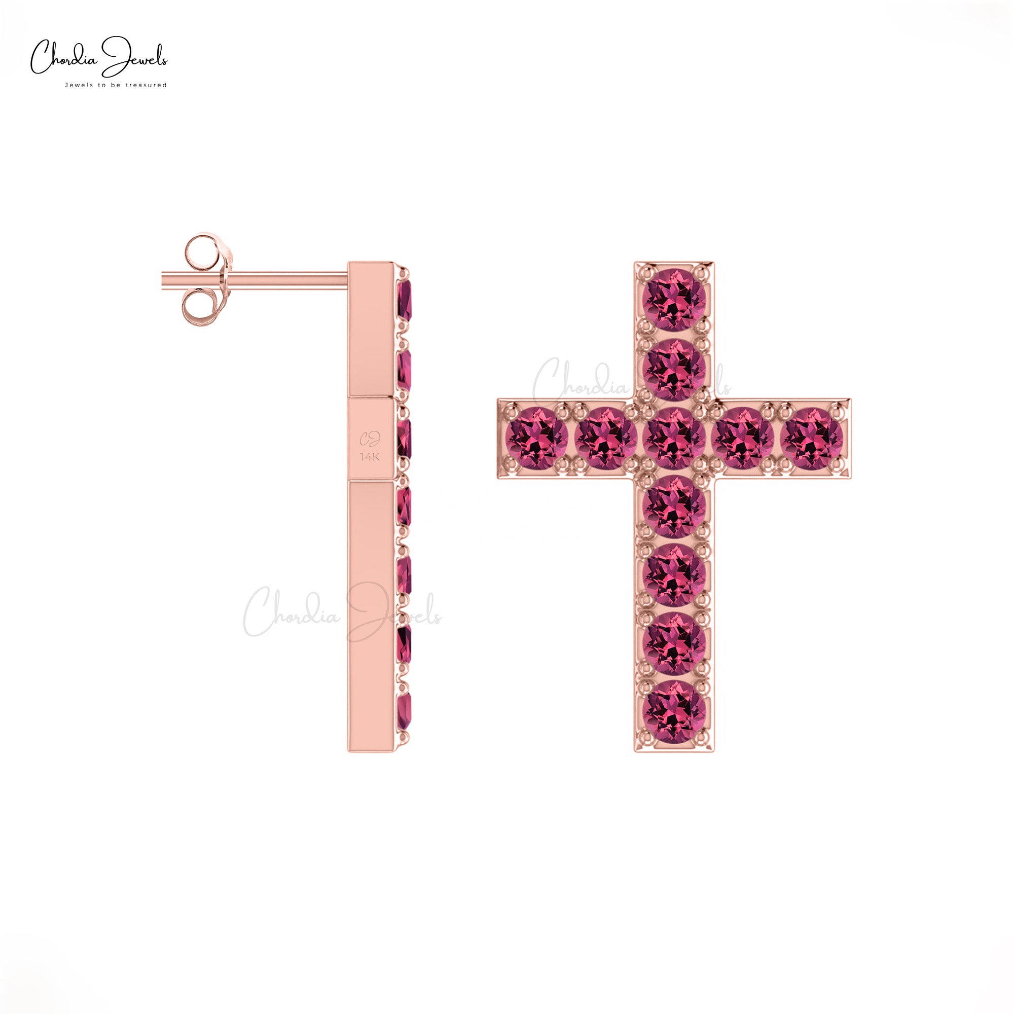 Brilliant Cut Push Back Stud In 14k Real Gold Pink Tourmaline Cross Religious Earrings
