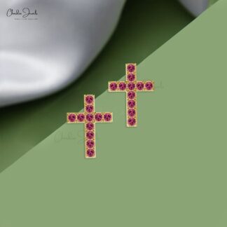 Brilliant Cut Push Back Stud In 14k Real Gold Pink Tourmaline Cross Religious Earrings