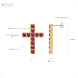 Brilliant Cut Push Back Stud In 14k Real Gold Pink Tourmaline Cross Religious Earrings