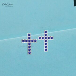 Elegant Tanzanite Cross Studs in 14k Solid Gold Religious 2mm Round-Cut Earrings For Her