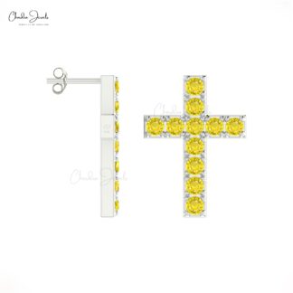 Solid 14k Gold Cross With Natural 2mm Yellow Sapphire Religious Stud Earrings