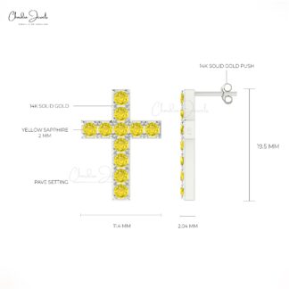 Solid 14k Gold Cross With Natural 2mm Yellow Sapphire Religious Stud Earrings