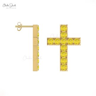 Solid 14k Gold Cross With Natural 2mm Yellow Sapphire Religious Stud Earrings