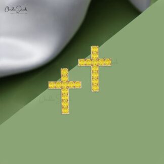 Solid 14k Gold Cross With Natural 2mm Yellow Sapphire Religious Stud Earrings