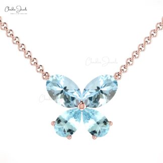 Solid 14k Gold Four Stone Necklace In 1.20 Ct Aquamarine Butterfly Handmade Necklace