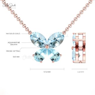 Solid 14k Gold Four Stone Necklace In 1.20 Ct Aquamarine Butterfly Handmade Necklace