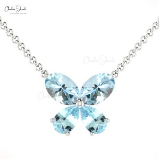 Solid 14k Gold Four Stone Necklace In 1.20 Ct Aquamarine Butterfly Handmade Necklace