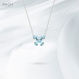 Solid 14k Gold Four Stone Necklace In 1.20 Ct Aquamarine Butterfly Handmade Necklace