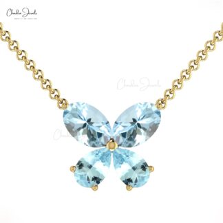 Solid 14k Gold Four Stone Necklace In 1.20 Ct Aquamarine Butterfly Handmade Necklace