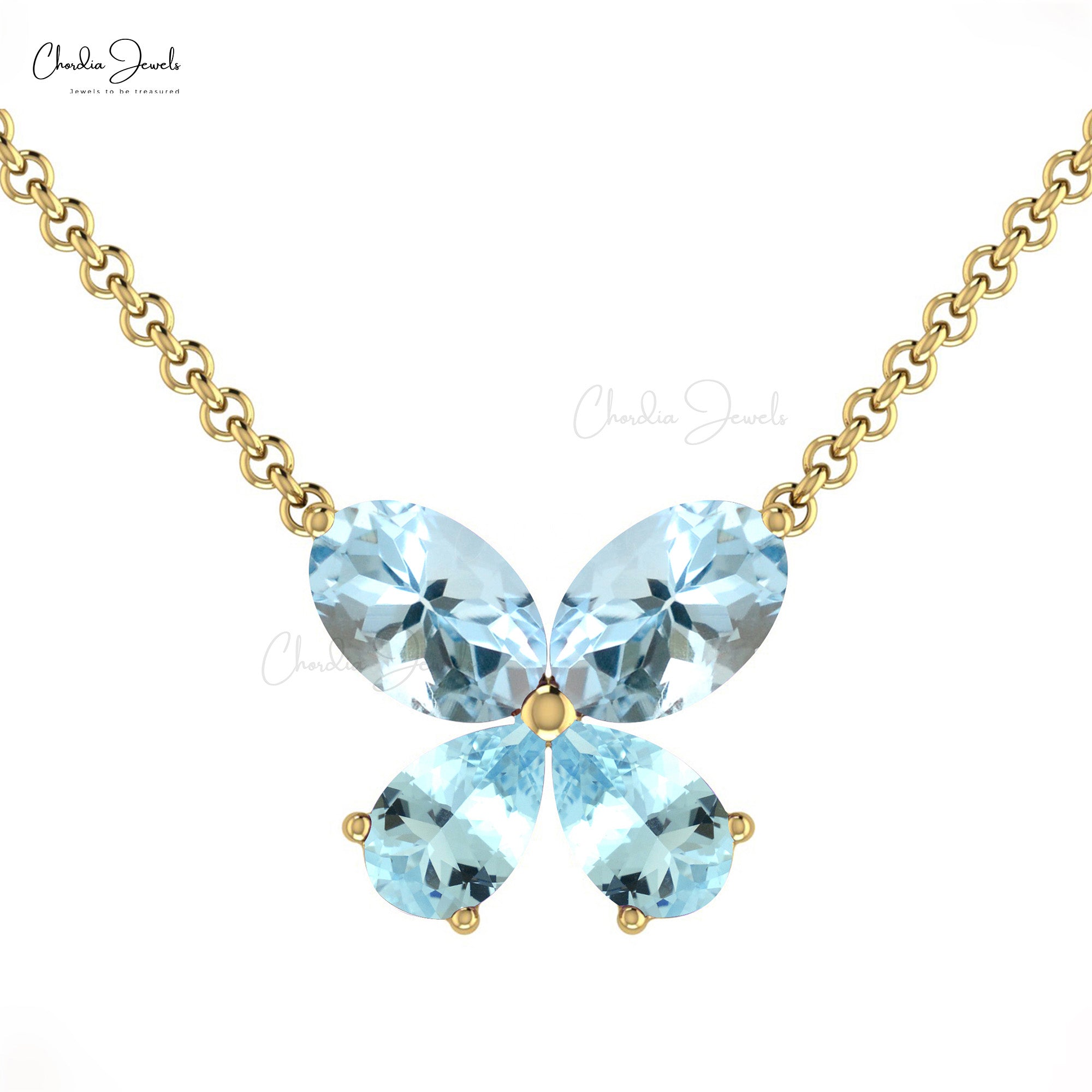 Solid 14k Gold Four Stone Necklace In 1.20 Ct Aquamarine Butterfly Handmade Necklace