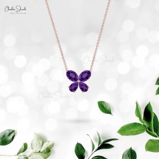 Purple Amethyst Butterfly Shape Pendant Necklace in 14k Solid Gold