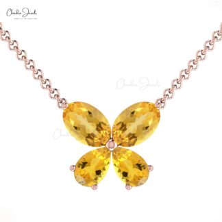 Pure 14k Gold 4 Stone Charm In 6x4mm Oval Citrine Minimalist Butterfly Necklace