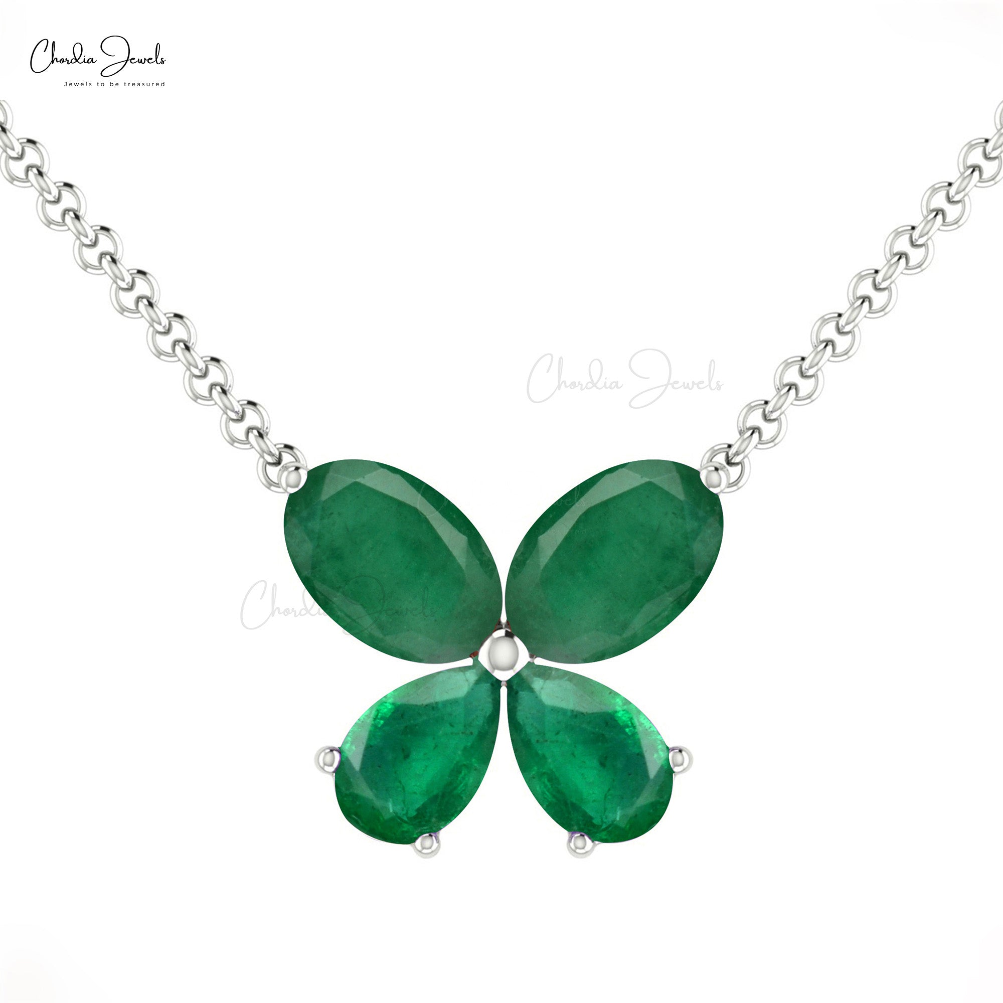 Four Stone Chain Necklace In Pure 14k Gold Zambian Emerald Butterfly Necklace For Her