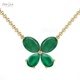 Four Stone Chain Necklace In Pure 14k Gold Zambian Emerald Butterfly Necklace For Her