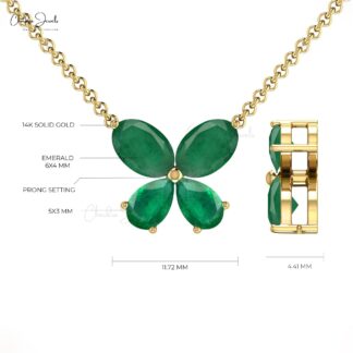 Four Stone Chain Necklace In Pure 14k Gold Zambian Emerald Butterfly Necklace For Her