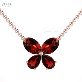 Four Gemstone Charm With 0.56 Ct Garnet Butterfly Thin Chain Necklace In 14k Real Gold